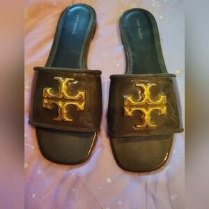 Womens Tory Burch Eleanor Slide Sandals Dark Green Gold Logo Size 9 1/2 M